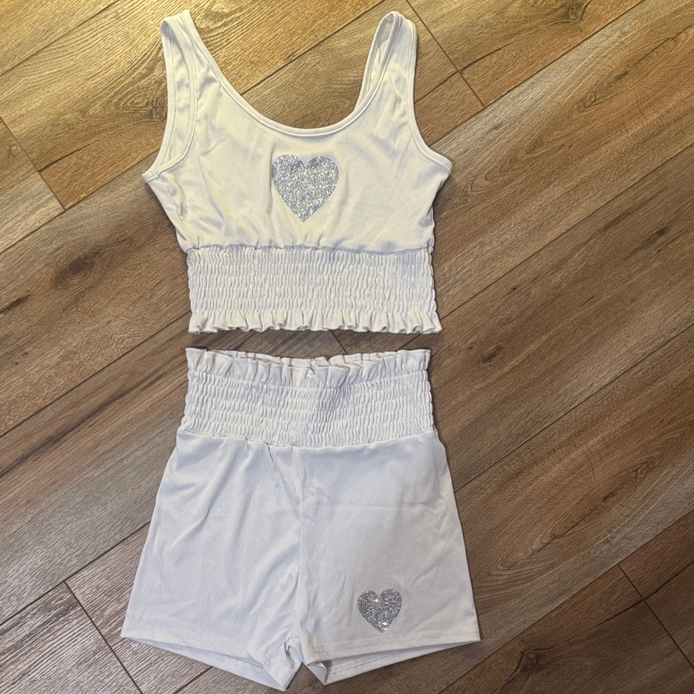 White Heart-Embellished Sleepwear Set